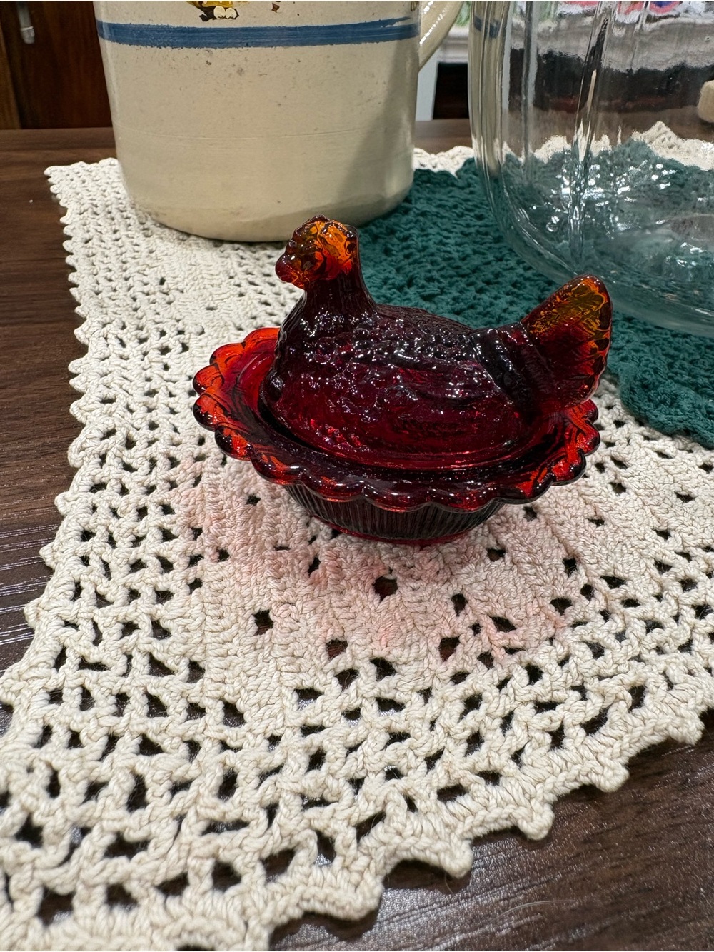 Mosser Mini Red Glass Hen on Nest Decorative Dish - glows!
